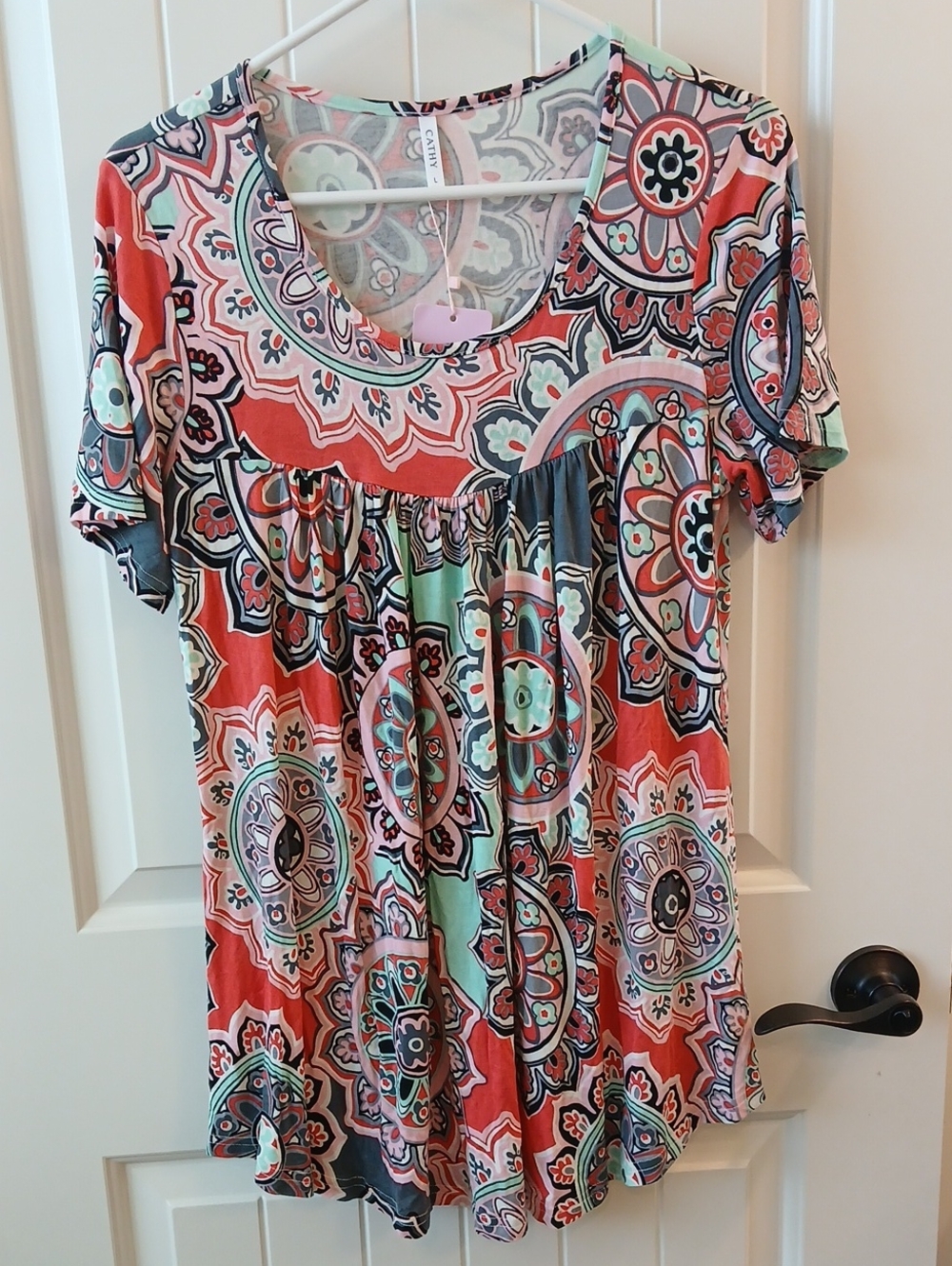 Cathy Women's Coral Multi-Pattern Short Sleeve Top